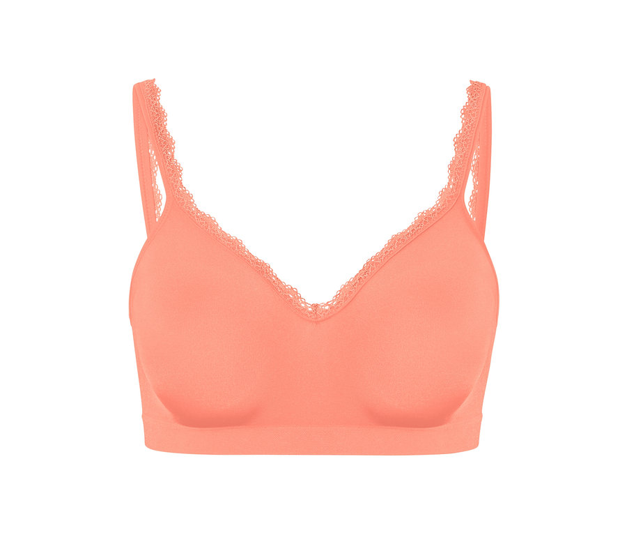 Dikişsiz, papaya rengi yumuşak sütyen detayı.