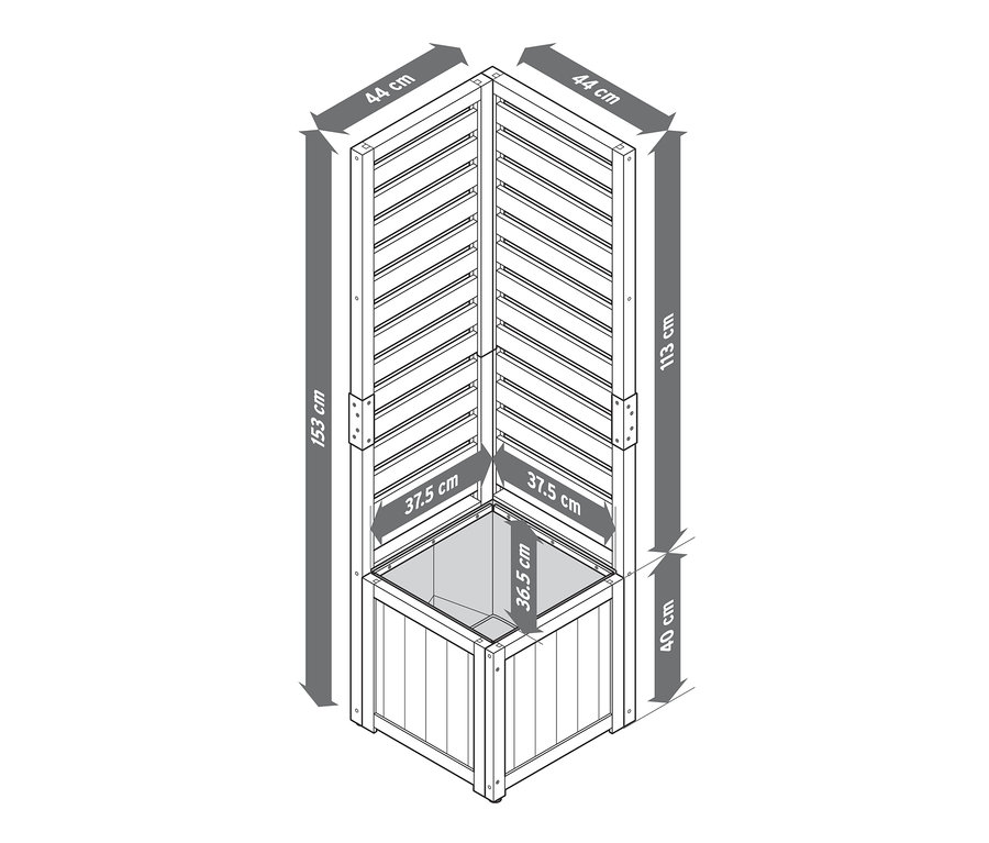Bitki kasasıyla birlikte »Elin« korumalı köşe modülünün boyutlarının gösterildiği çizim.