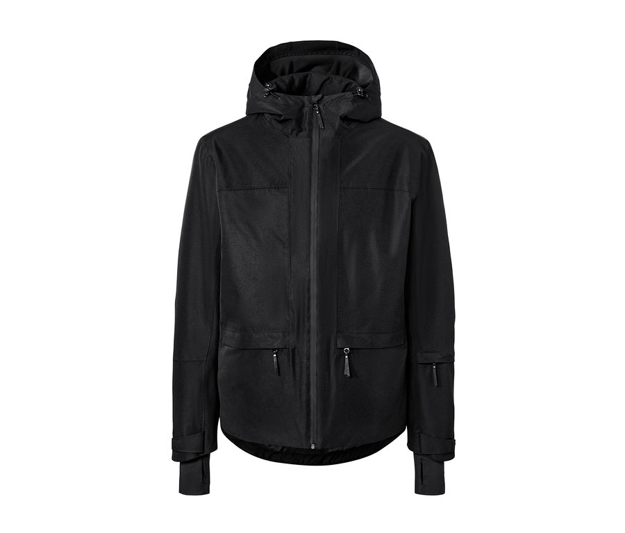 Kapüşonlu, fermuarlı cepli ve uzun kollu siyah kayak montu.