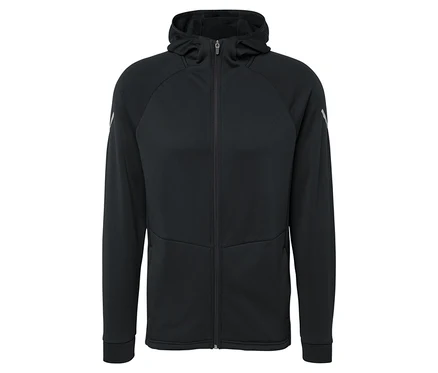 Ortasında fermuarı olan siyah kapüşonlu sweatshirt.
