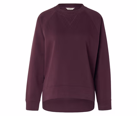 Bordo, uzun kollu, yuvarlak yakalı sweatshirt.