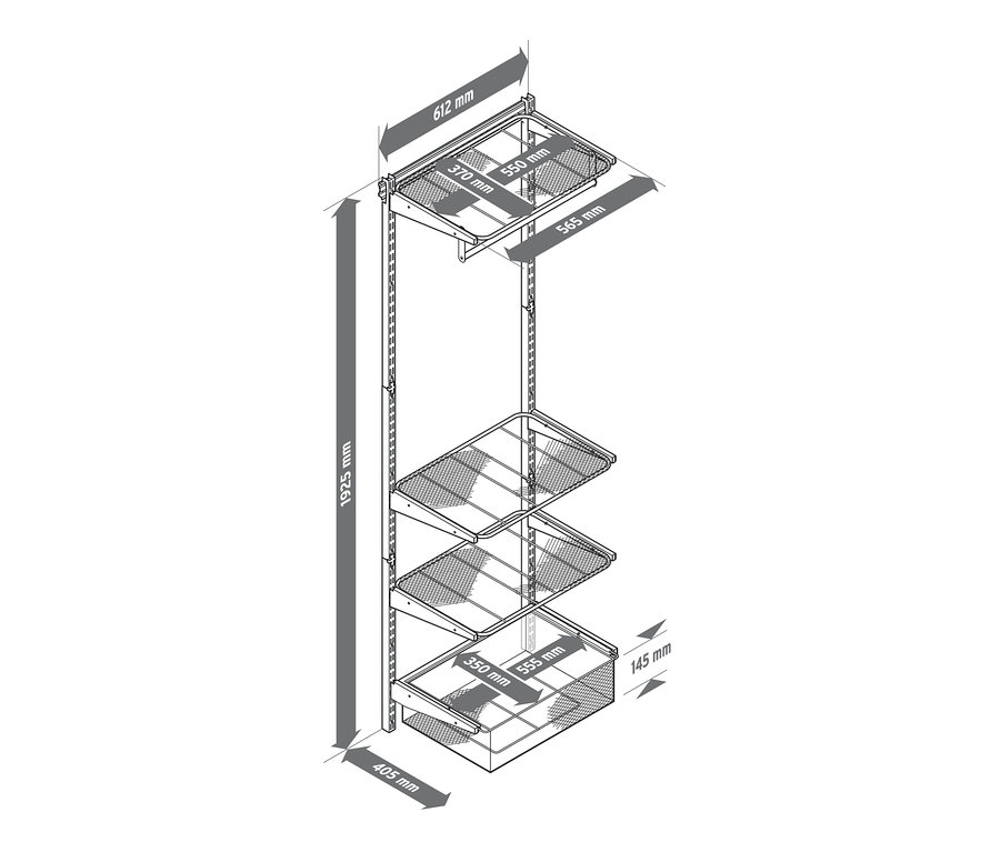 Dört raflı ve boyutları gösterilen bir duvar ünitesi çizimi.