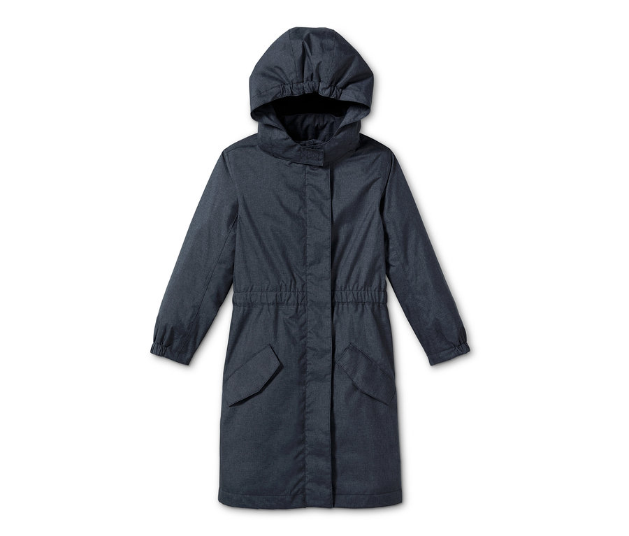 Kapüşonlu, jean görünümlü lacivert mevsimlik ceket.