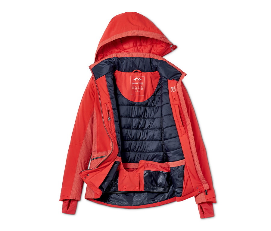 Açık kırmızı softshell kayak montu.
