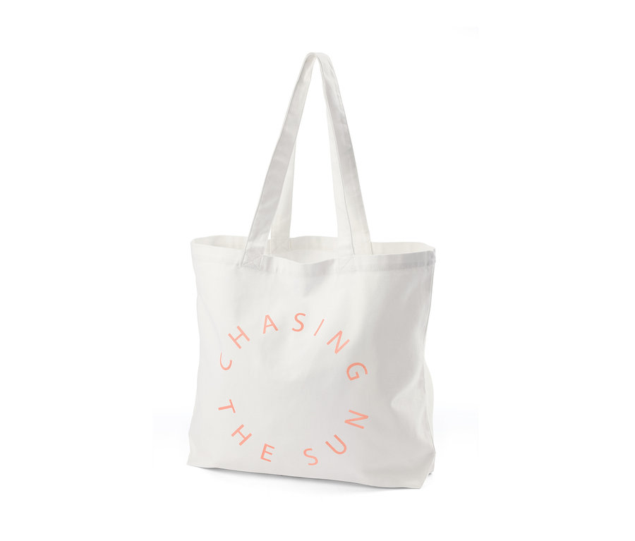 Pembe "CHASING THE SUN" baskılı beyaz organik pamuklu kanvas alışveriş çantası.