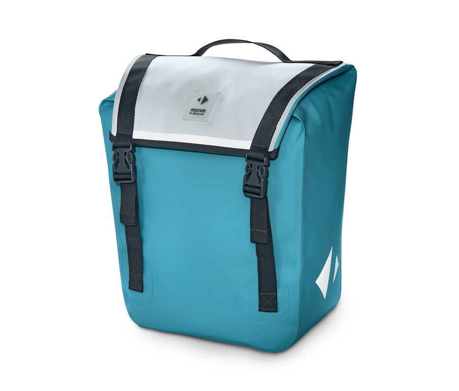 Siyah askılı mavi bisiklet çantası.