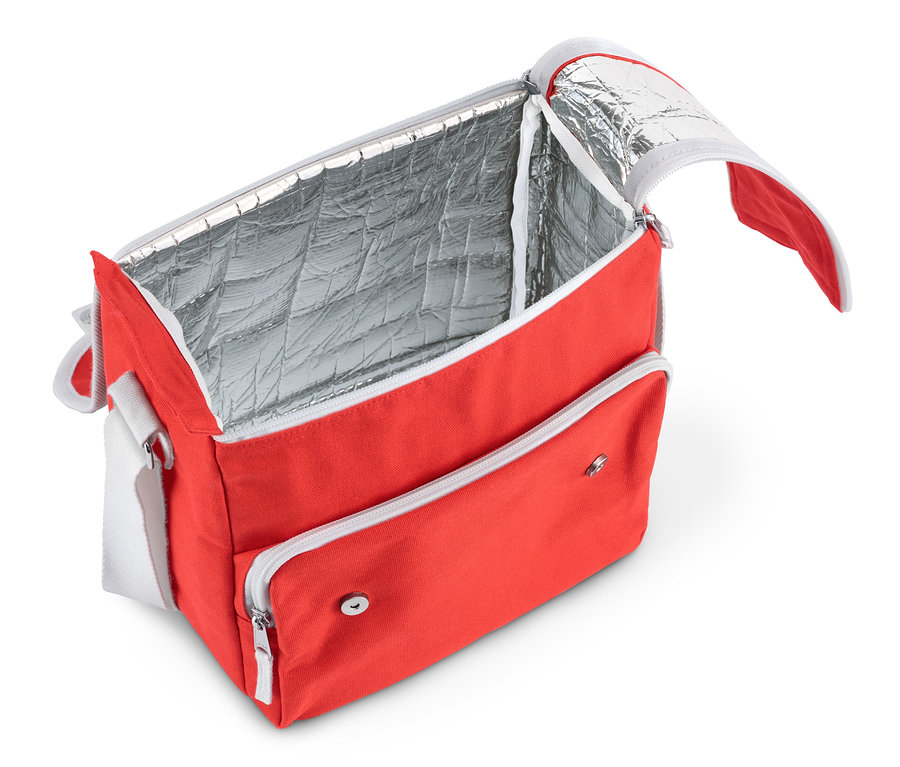 Açık mini soğutucu çanta. Çantanın içi gümüş renginde.