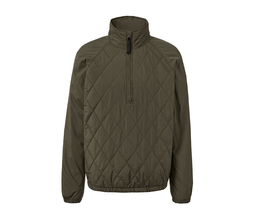 Baklava desenli ve yarım fermuarlı zeytin yeşili rüzgar geçirmez ceket.