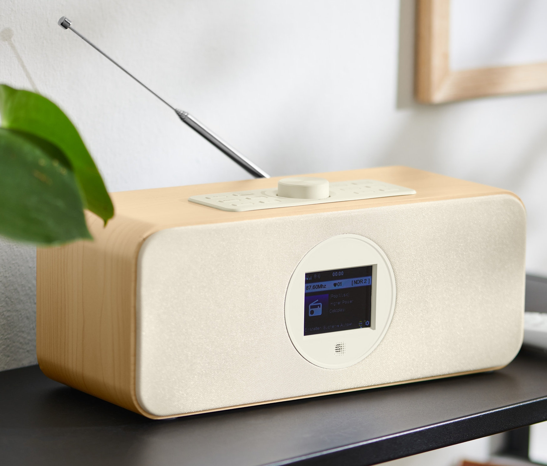 Açık kahverengi renkli ekrana sahip WiFi internet radyosu, siyah bir raf üzerinde saksı bitkisinin yanında duruyor.