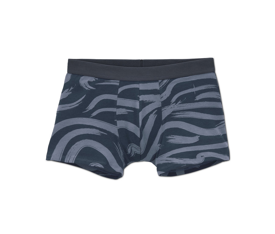 Gri-mavi desenli bir erkek slip boxer.