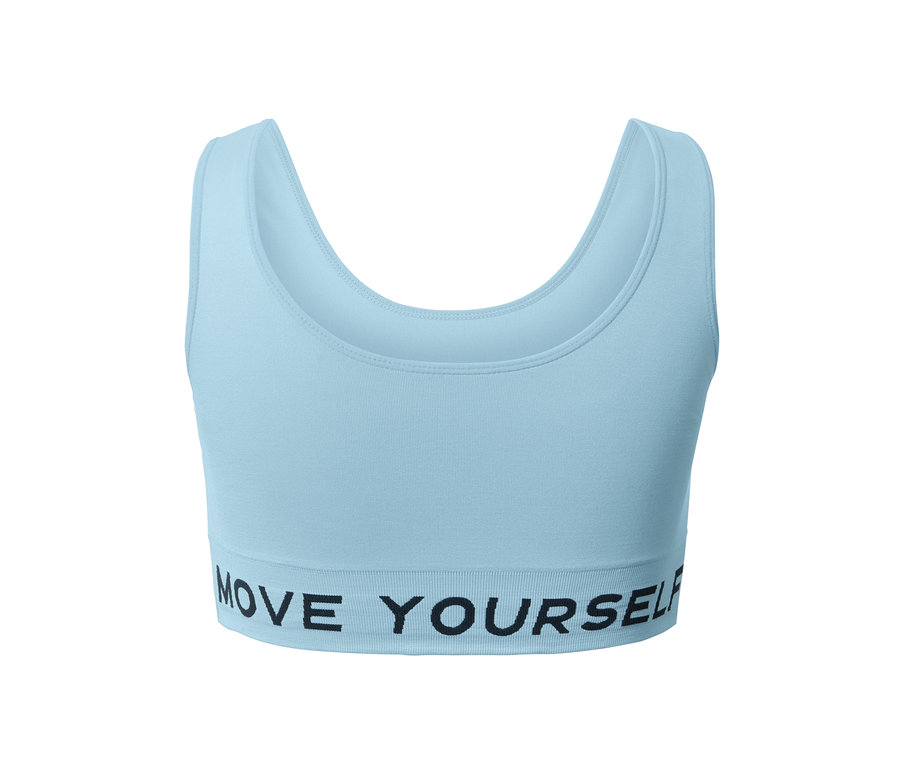 Açık mavi renkte, Seamless Spor Büstiyeri üzerinde MOVE YOURSELF yazısı bulunmaktadır.