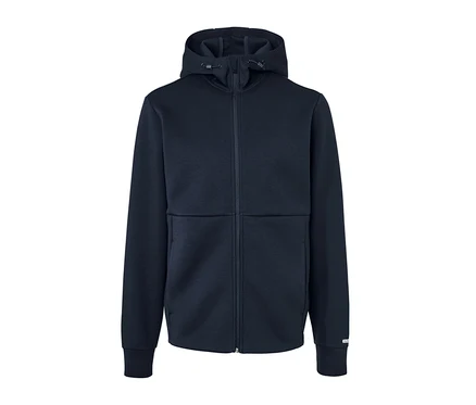 Lacivert, kapüşonlu ve fermuarlı fonksiyonel sweatshirt ceket.