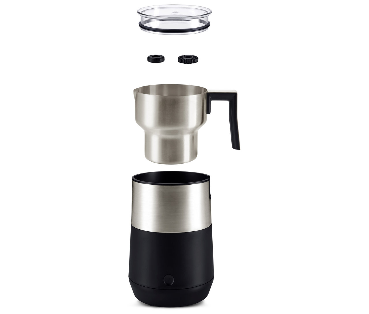 Şeffaf kapaklı, iki siyah başlığı, paslanmaz çelik haznesi ve siyah tabanı olan, parçalarına ayrılmış siyah indüksiyonlu süt köpürtücü.