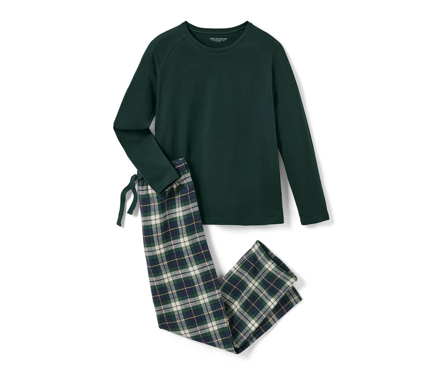 Çocuk Flanel Pijama Takımı: yeşil üst ve ekose pantolon.