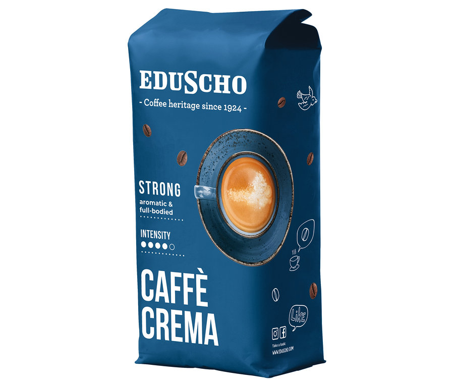 Mavi renkli Eduscho Caffè Crema Strong - 1 kg Çekirdek Kahve paketi.