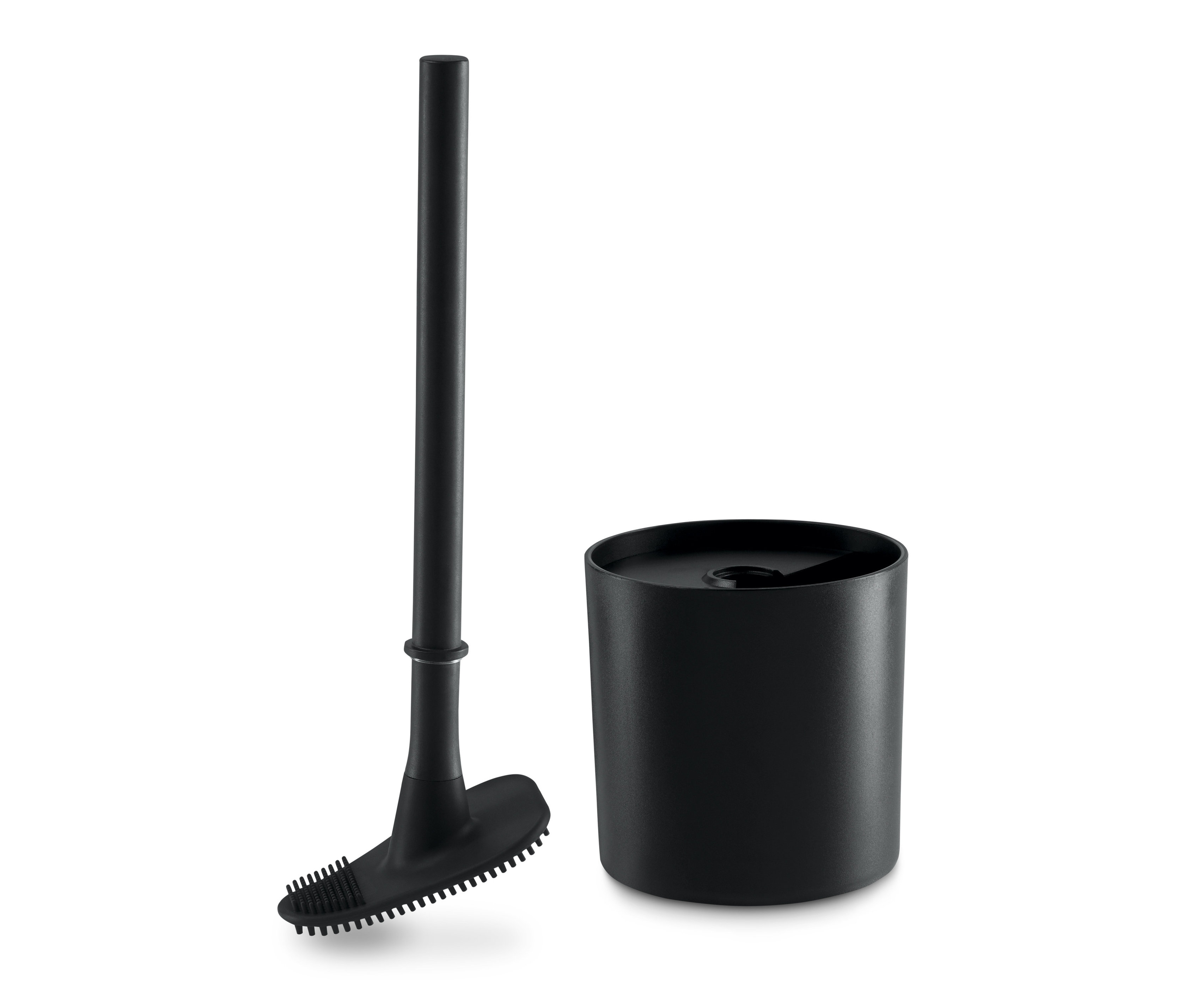Siyah silikon tuvalet fırçası, siyah tutucunun yanında.