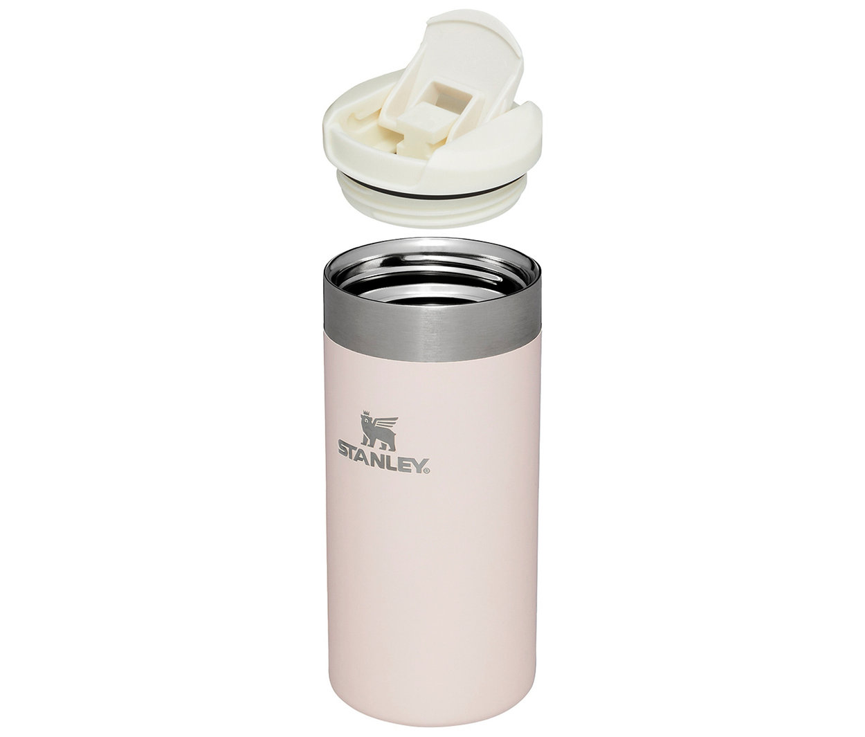 Açık bir arka planda, açık bir kapakla Stanley The AeroLight Transit Termos Bardak 0.35 Lt, Rose Quartz Metallic'in yakın çekim fotoğrafı.
