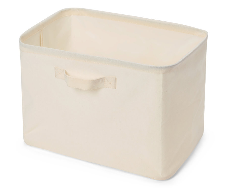 Kulplu bej kumaş saklama kutusu.