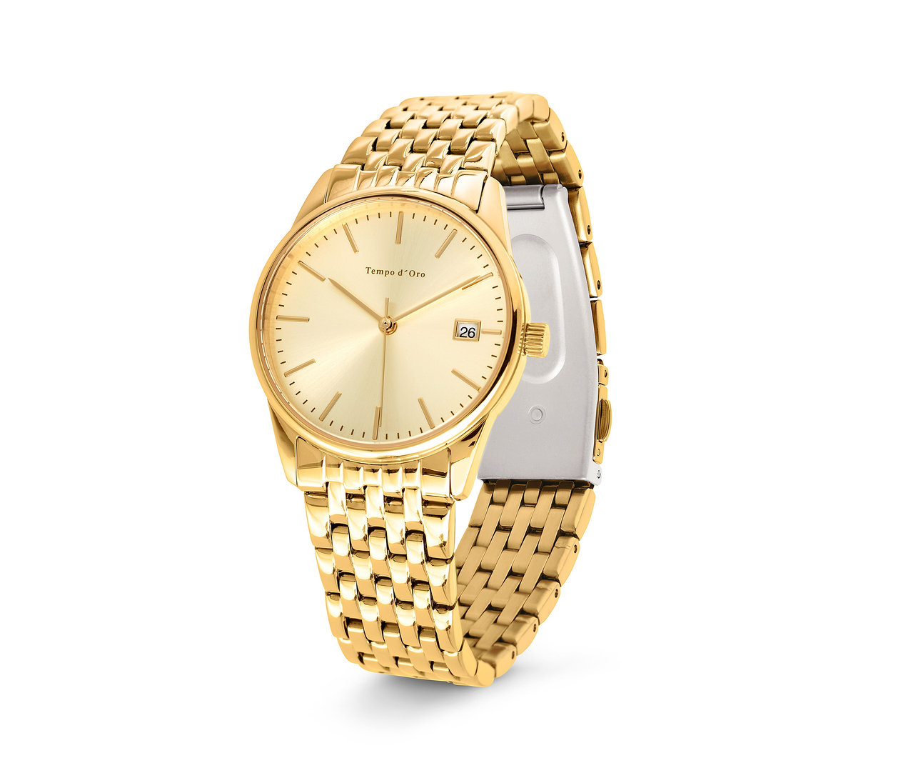 Altın renkli bir kadın saatinin yakın çekimi.