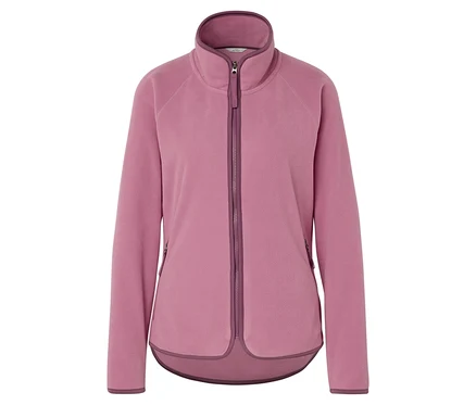 Ortasında fermuarı olan pembe polar ceket.