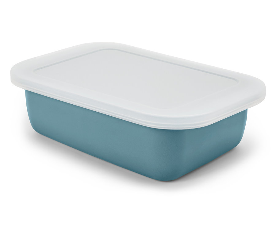 Beyaz kapaklı mavi dikdörtgen kutu.