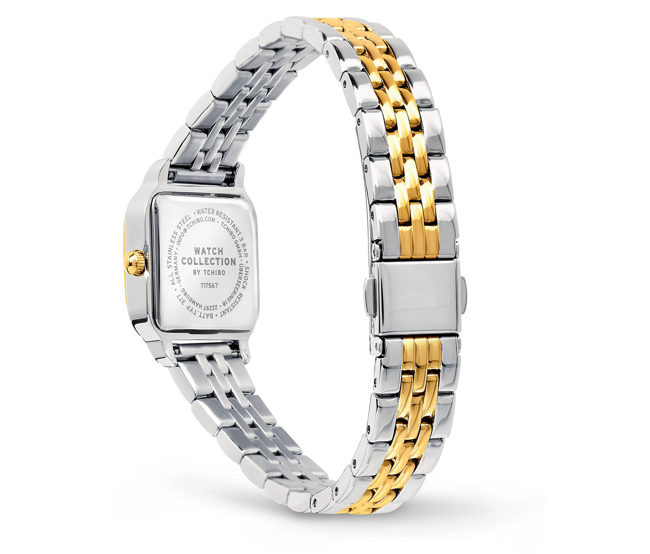 Metal kordonlu ve kare kadranlı, gümüş ve altın renkli bir saatin yakın çekim görüntüsü.