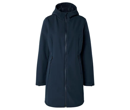 Lacivert, kapüşonlu ve önden fermuarlı, uzun softshell ceket.
