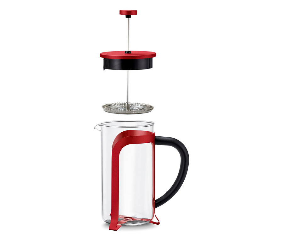 Kırmızı French Press 800 ml, 6 Fincan, parçaları ayrılmış.