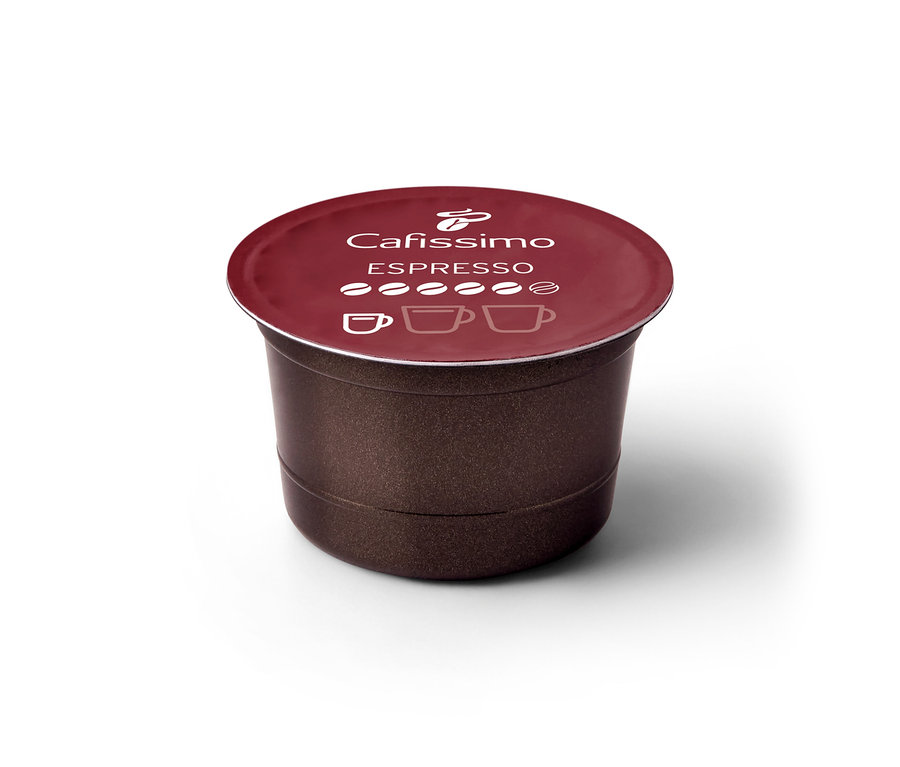 Bordo kapaklı kahverengi Cafissimo Espresso Intense Aroma kapsülünün detayı.