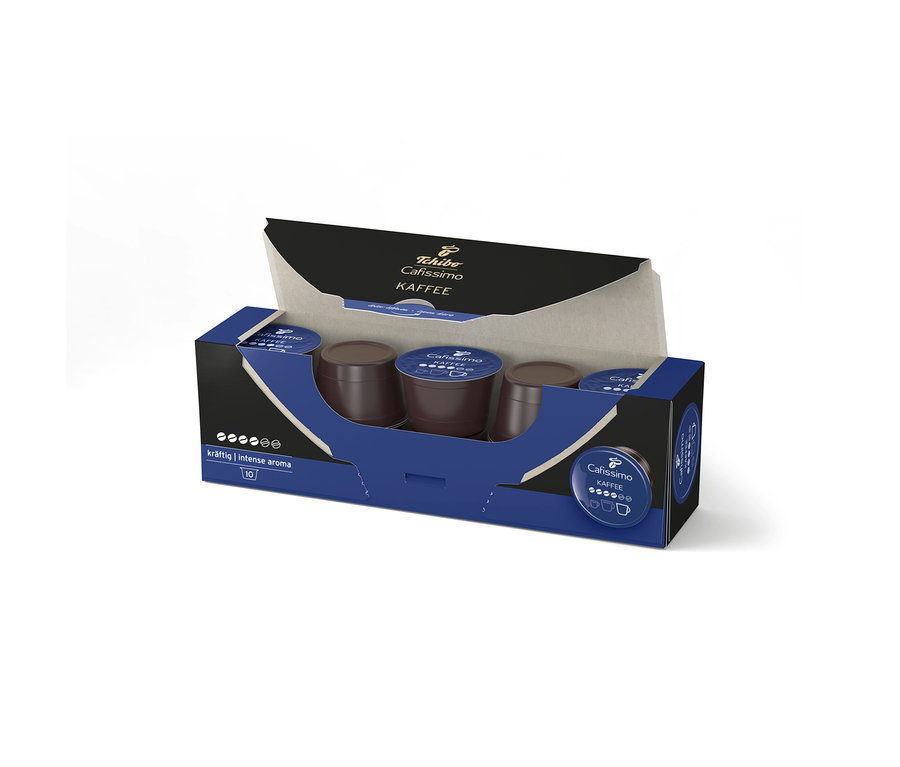 Koyu mavi ve siyah renkli, 10 adet Cafissimo Kahve Intense Aroma kapsülü içeren açık paket.