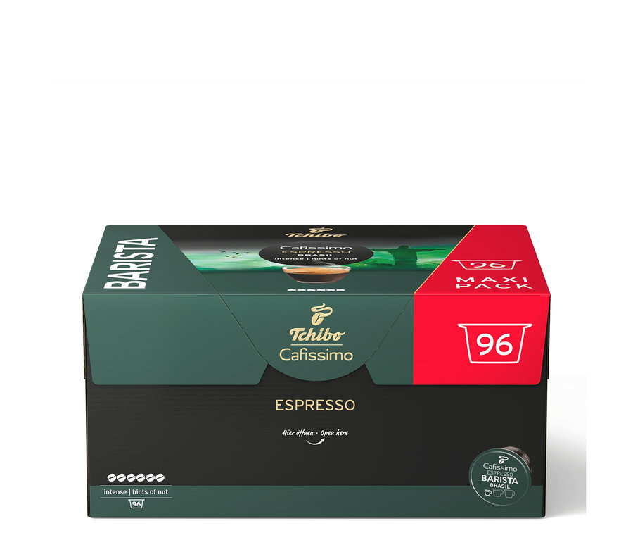 Koyu yeşil ve kırmızı Tchibo Cafissimo BARISTA Espresso Brasil kahve kapsülü kutusu, üzerinde „96 MAXI PACK“ ve „intense | hints of nut“ yazıyor.