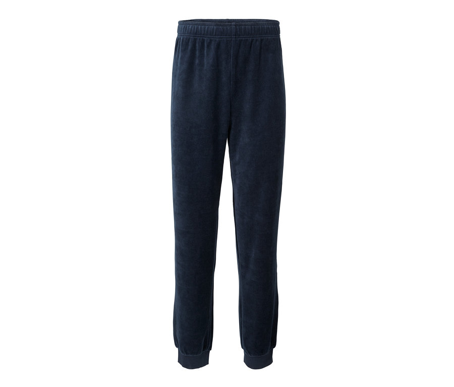 Beyaz bir arka plan üzerinde lacivert çizgili bir pijama altı.