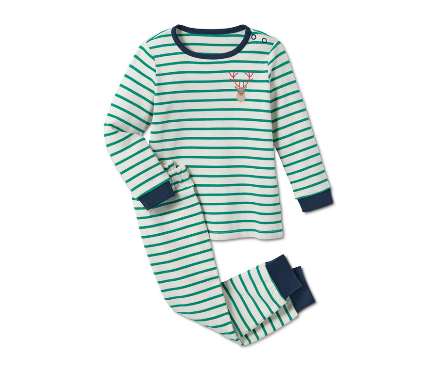 Geyikli, çizgili organik pamuklu interlok pijama takımı.