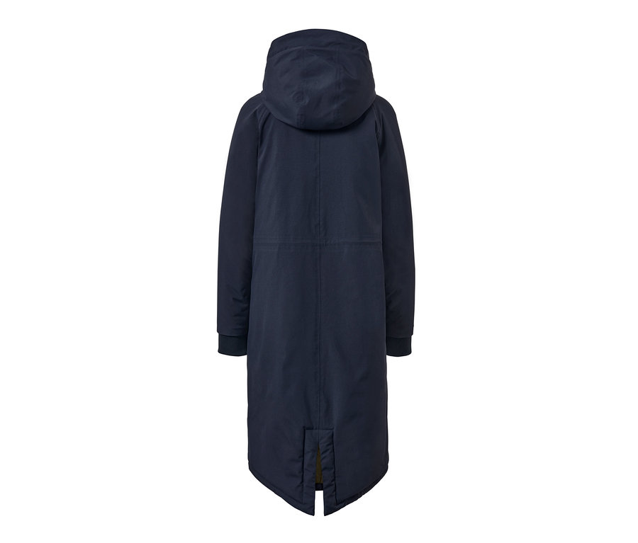 Kapüşonlu, lacivert, Ekstra Uzun Termal Montun arka detay görünümü.