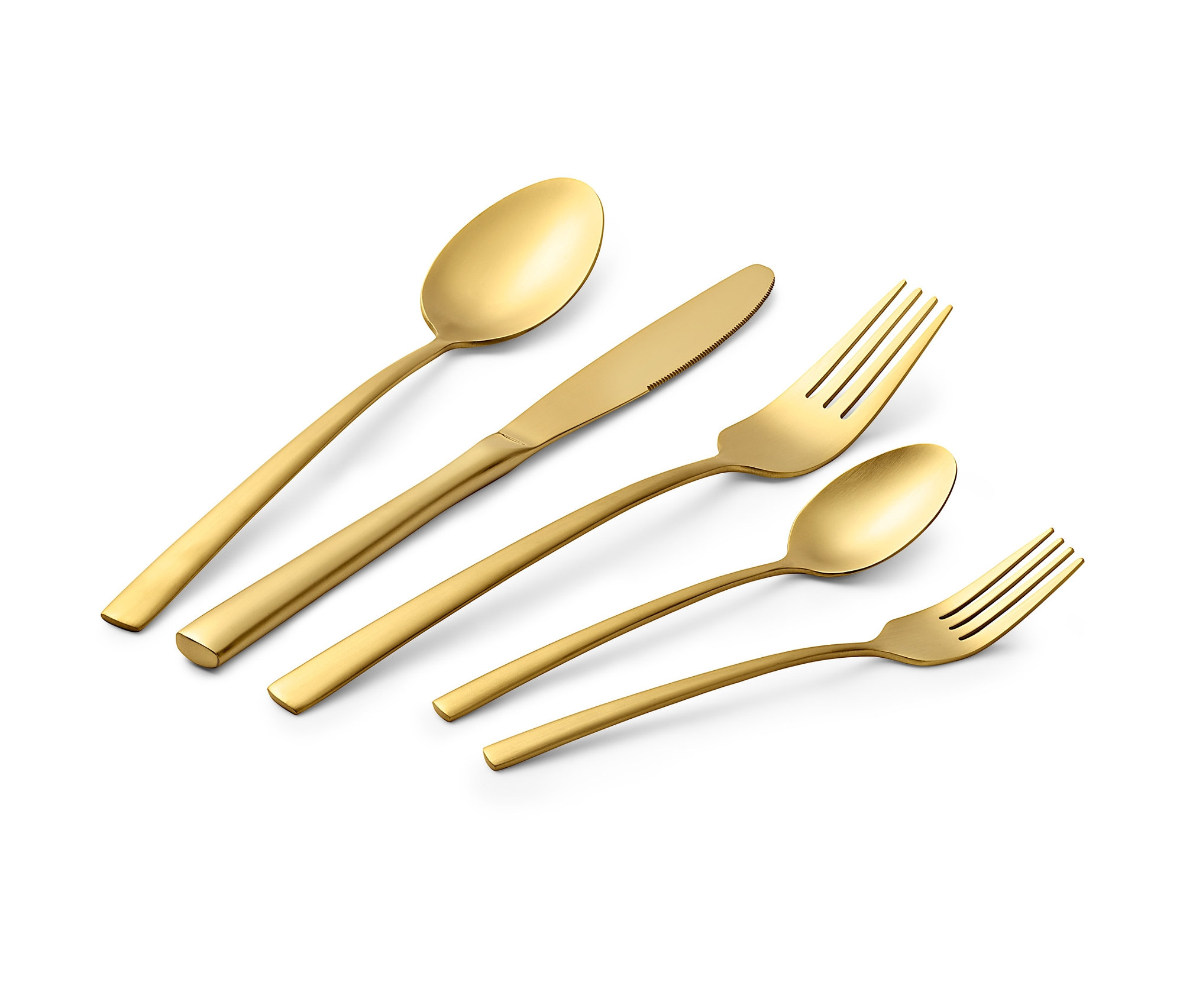 Beyaz arka planda altın renkli, 20 parçalı çatal bıçak kaşık seti.