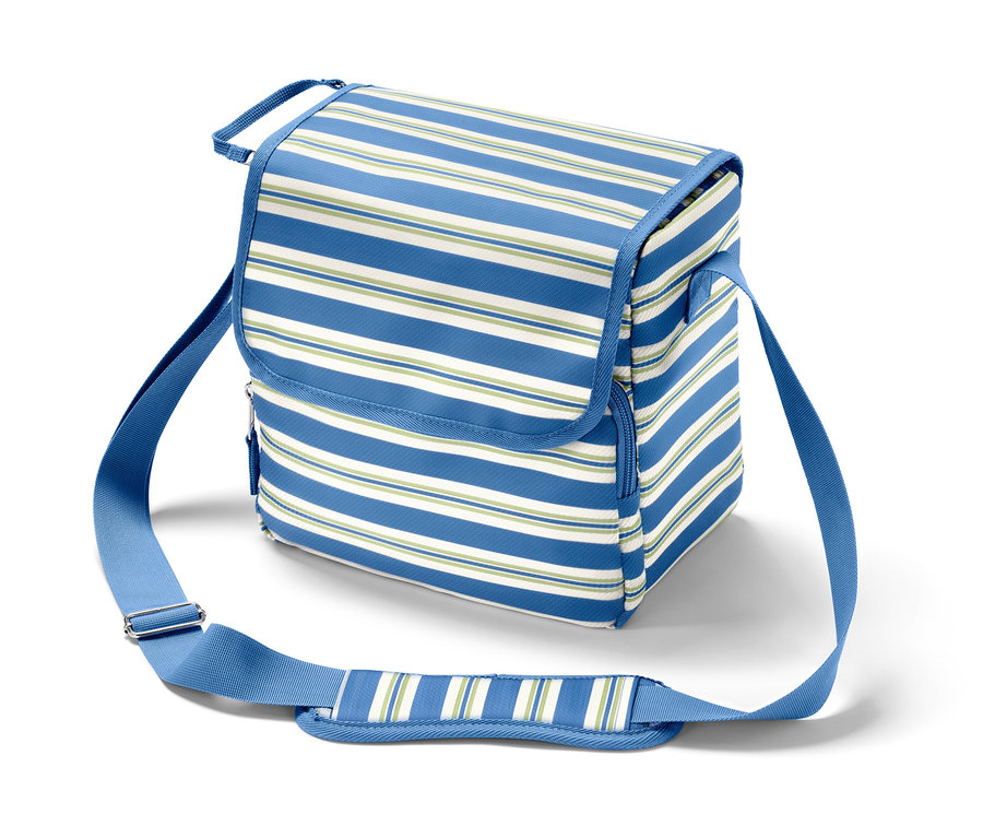Mavi ve beyaz çizgili mini soğutucu çanta.