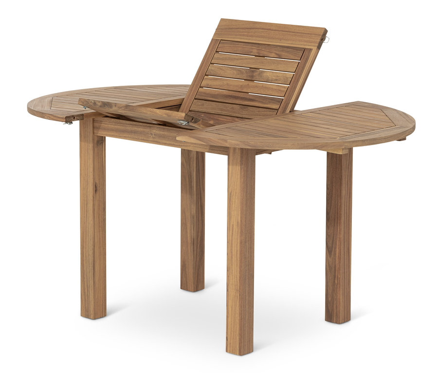 Tik ağacından yapılmış, kısmen açılmış, yuvarlak, açılır masa.