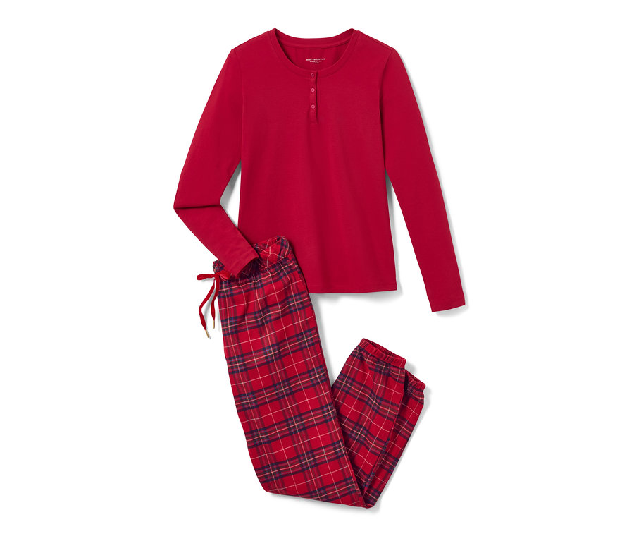 Flanel Pijama Takımı, Kareli, kırmızı uzun kollu üst ve kareli pantolon.