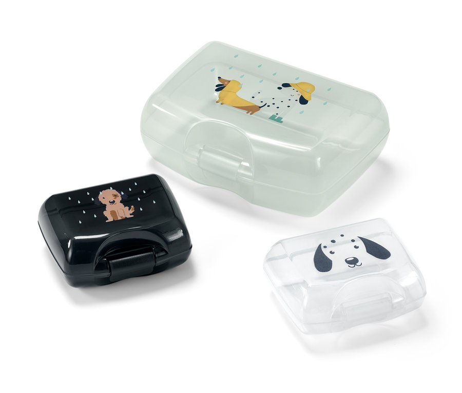 Köpek baskılı üç adet beslenme kutusu.