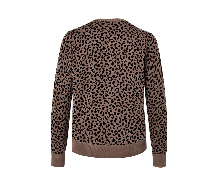 Siyah hayvan desenli, kahverengi baskılı ince örgü hırkanın arka görünümü.