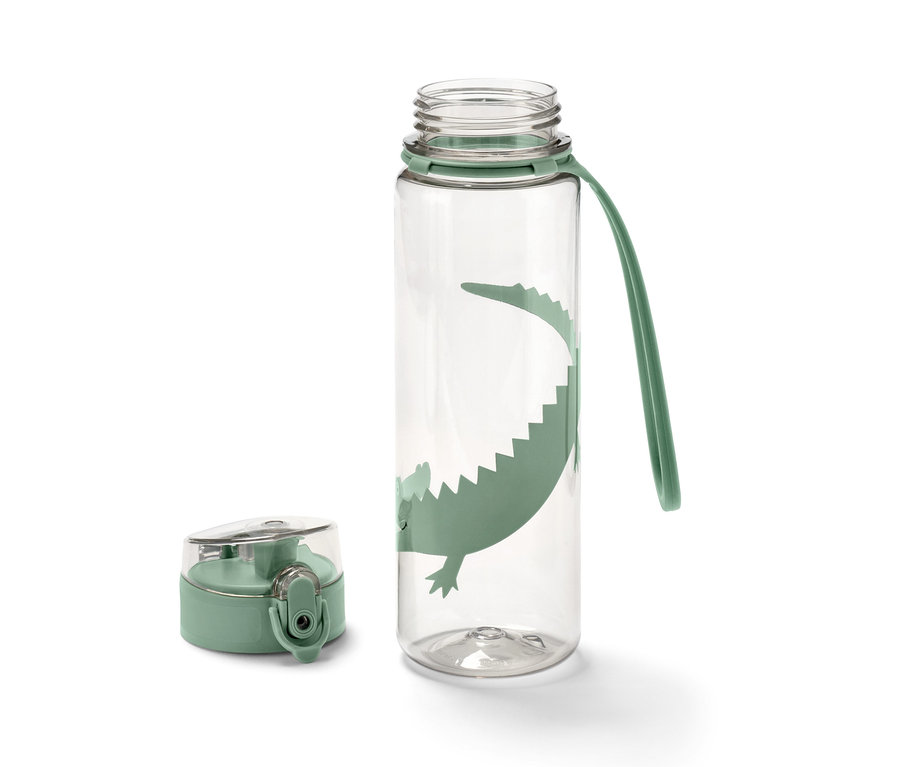 Timsah baskılı bej matara ve yanında yeşil kapak.