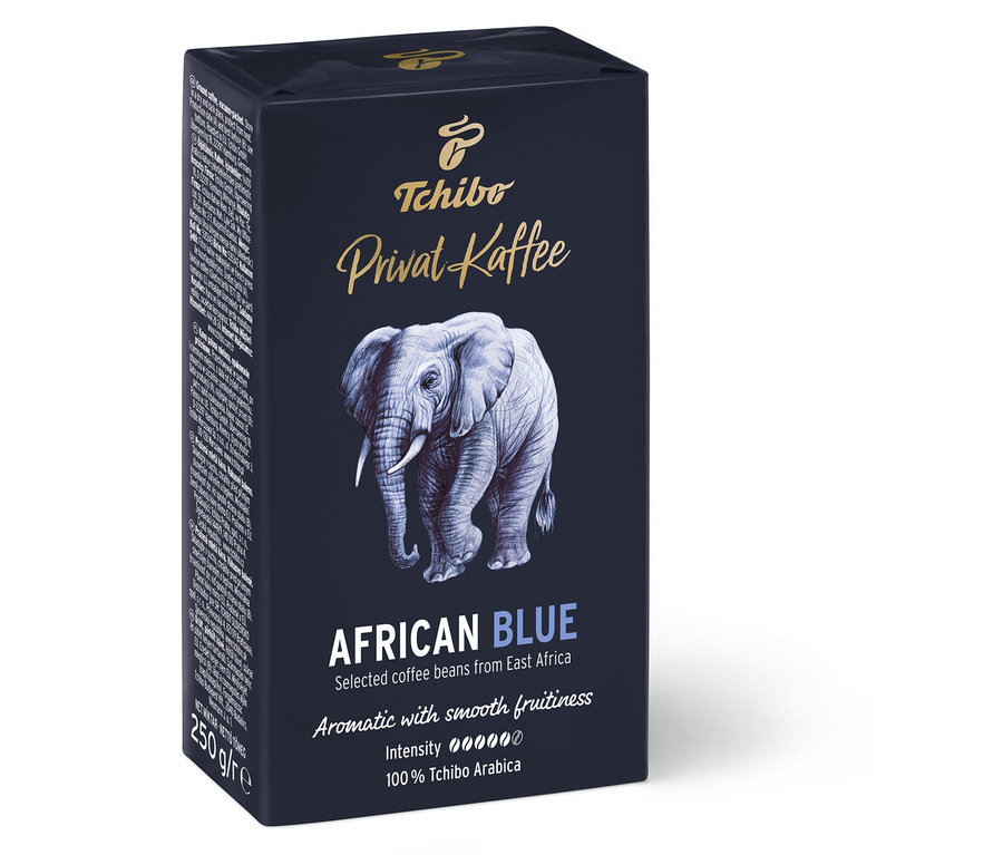 Bir paket öğütülmüş Privat Kaffee African Blue kahvesi.