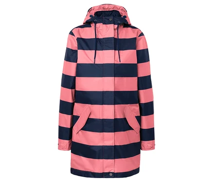 Pembe ve mavi çizgili kapüşonlu yağmurluk.