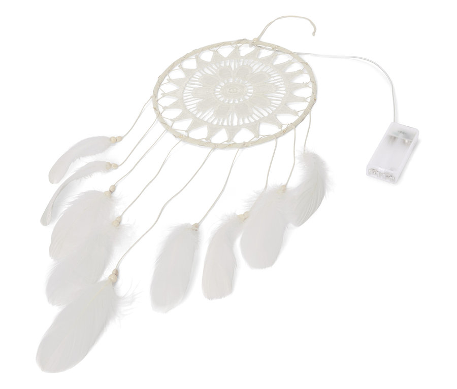 Beyaz arka planda beyaz tüyleri olan LED aydınlatmalı bir düş kapanının yakın çekimi.