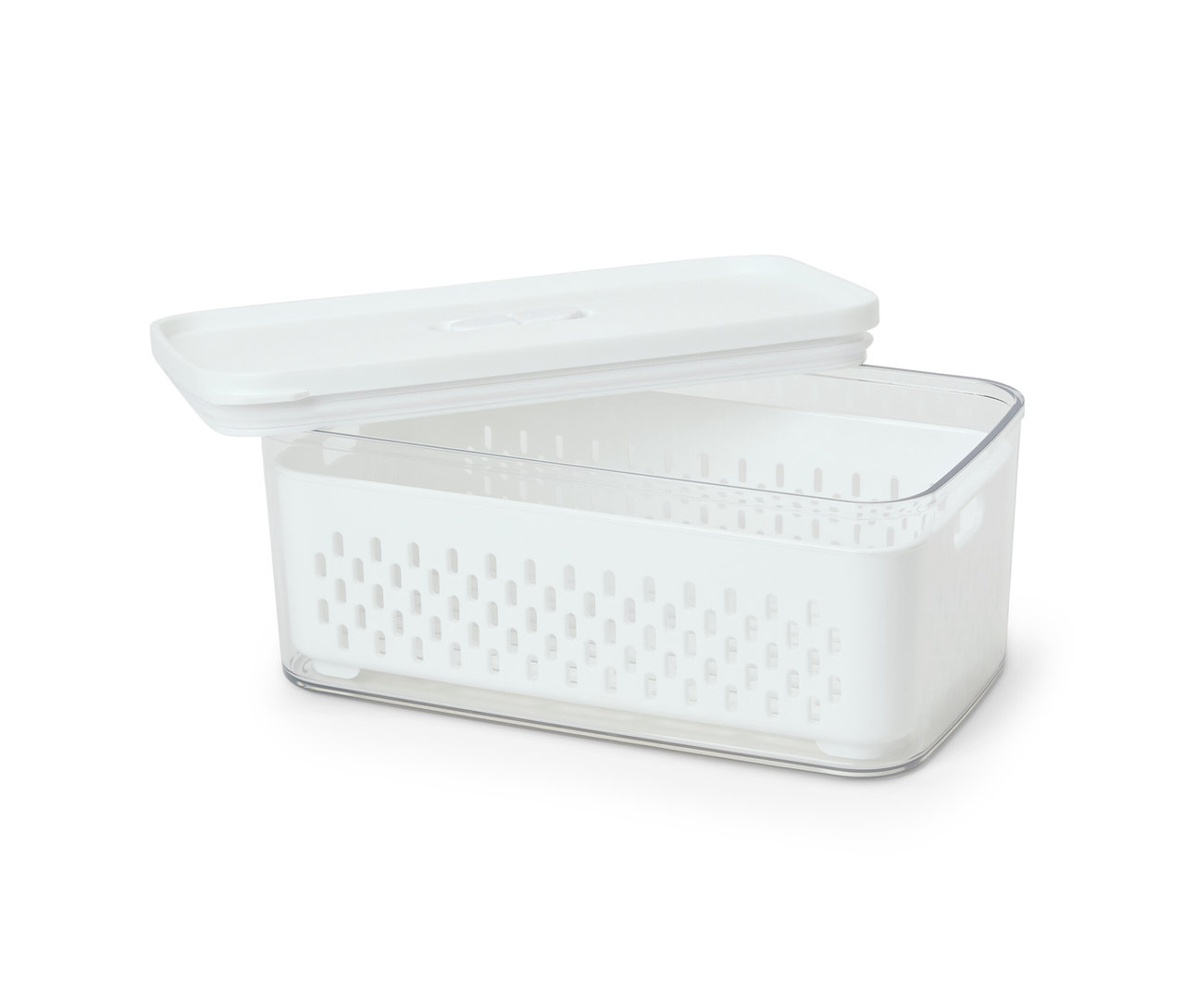 Şeffaf, süzgeçli ve beyaz kapaklı bir saklama kabı.