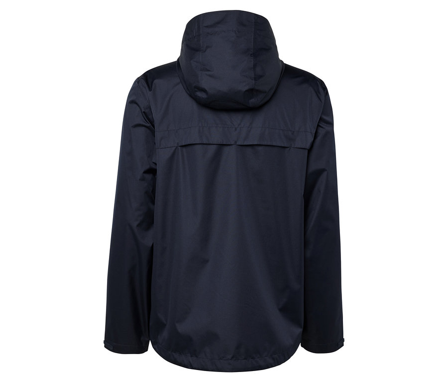 Arkadan görünümüyle lacivert kapüşonlu ceket.