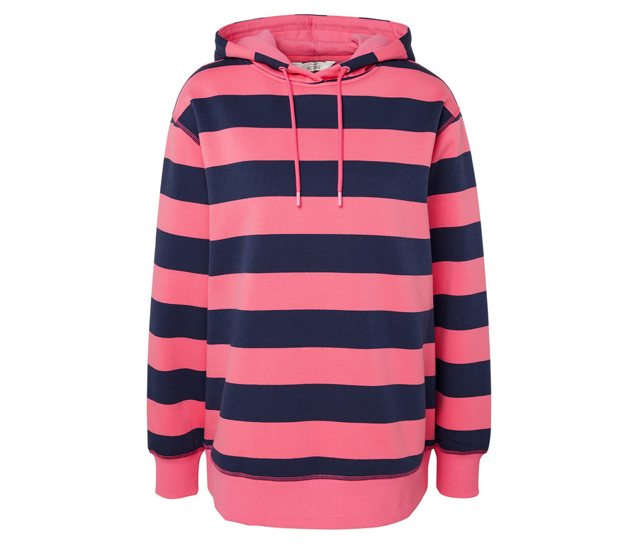 Pembe-lacivert çizgili kapüşonlu sweatshirt.