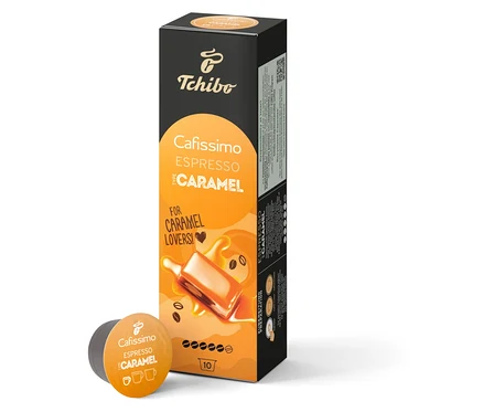 On kapsül içeren bir paket ve bir kapsül Cafissimo Flavoured Edition – Espresso Caramel