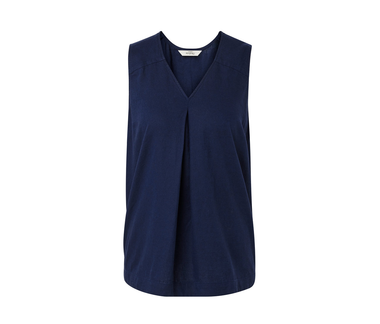 Lacivert, kolsuz keten bluz.