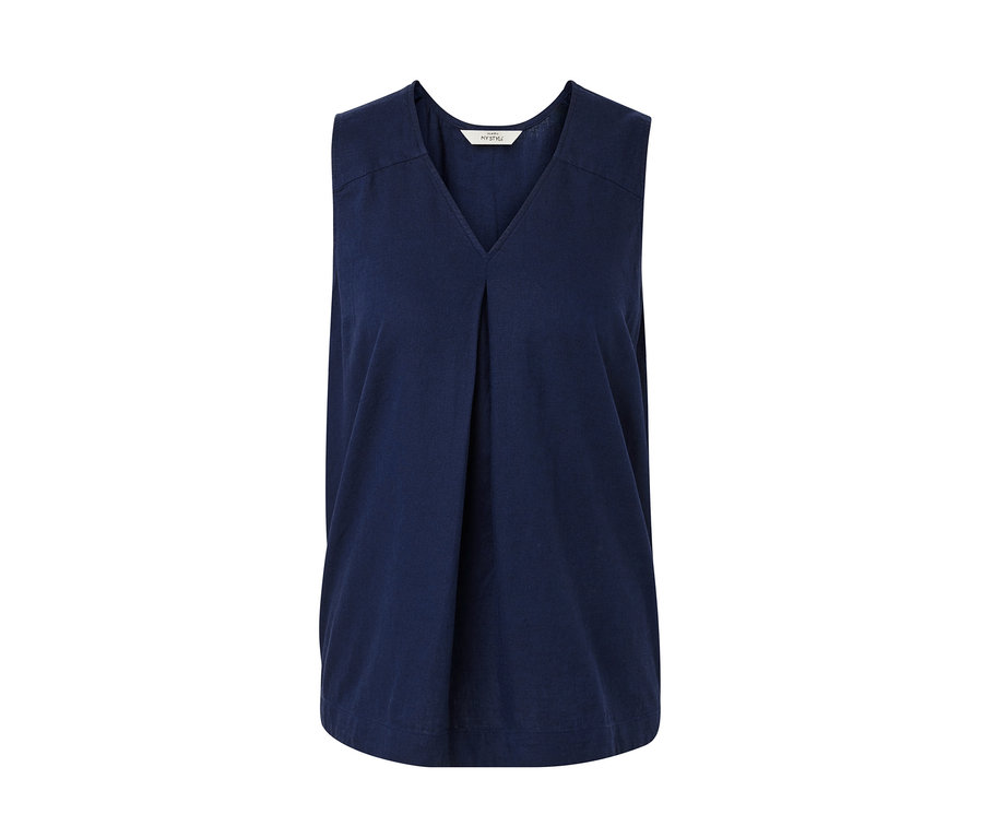 Lacivert, kolsuz keten bluz.